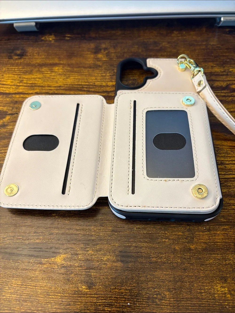 Beige Leather Wristlet Phone Case with Zipper Pocket